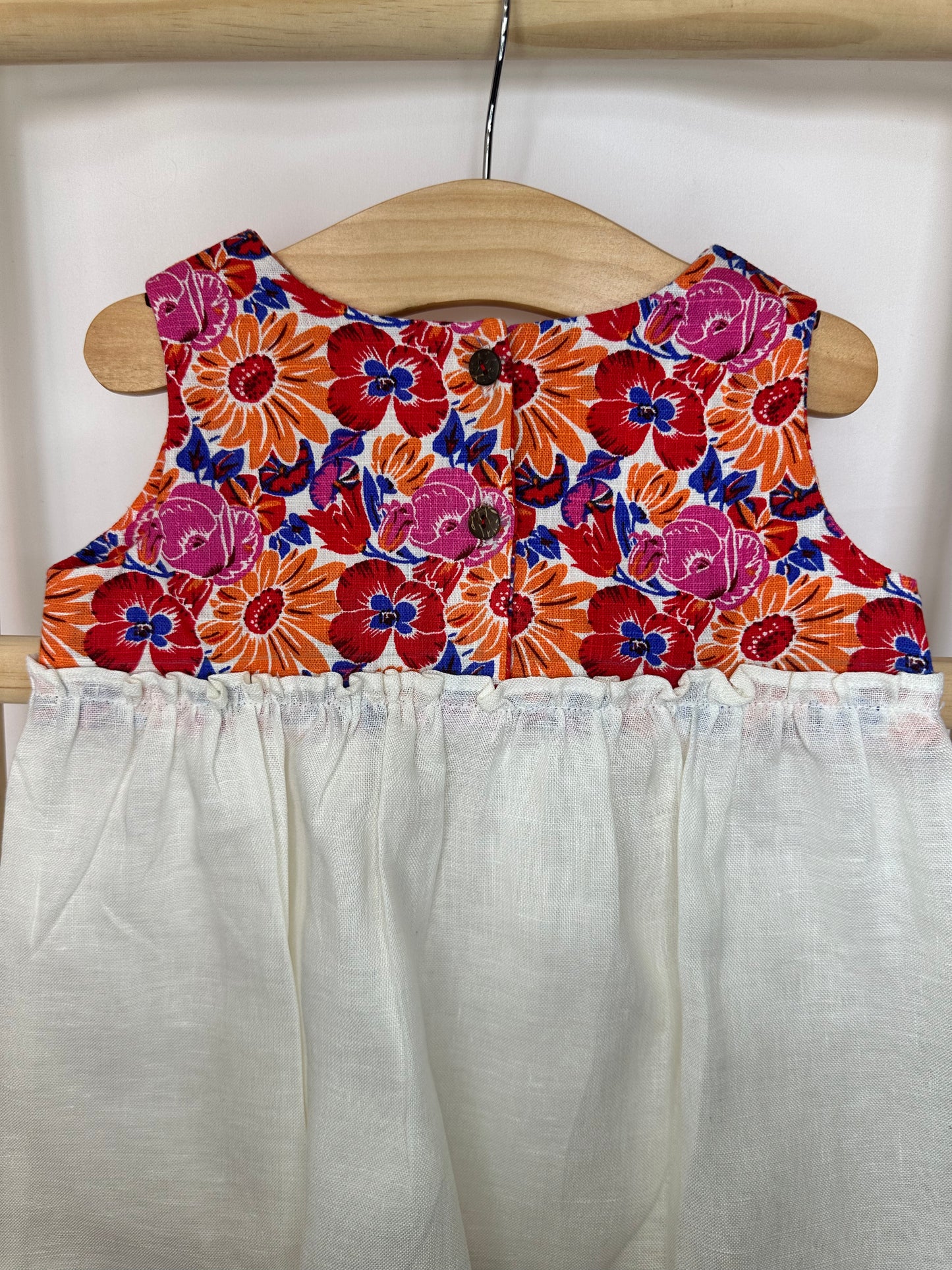 Floral Printed White & Pink Summer Dress in Premium Linen