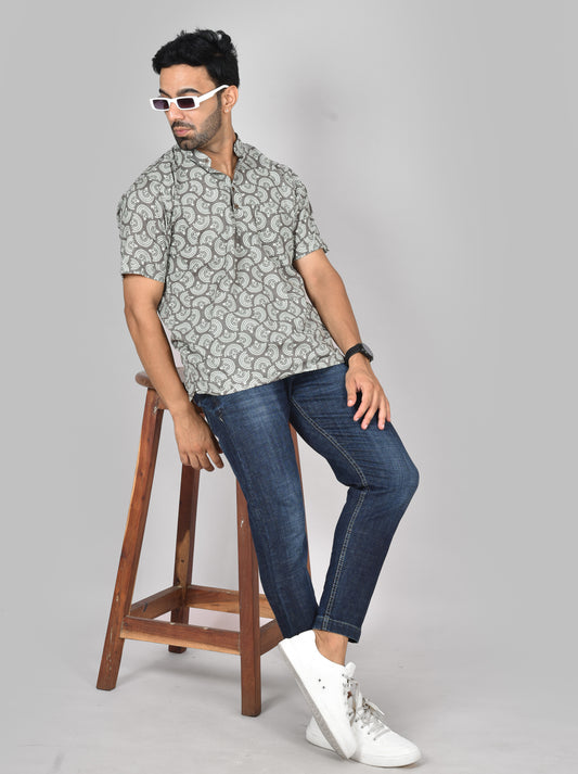 Grey Fan Butti Short Sleeves Kurta