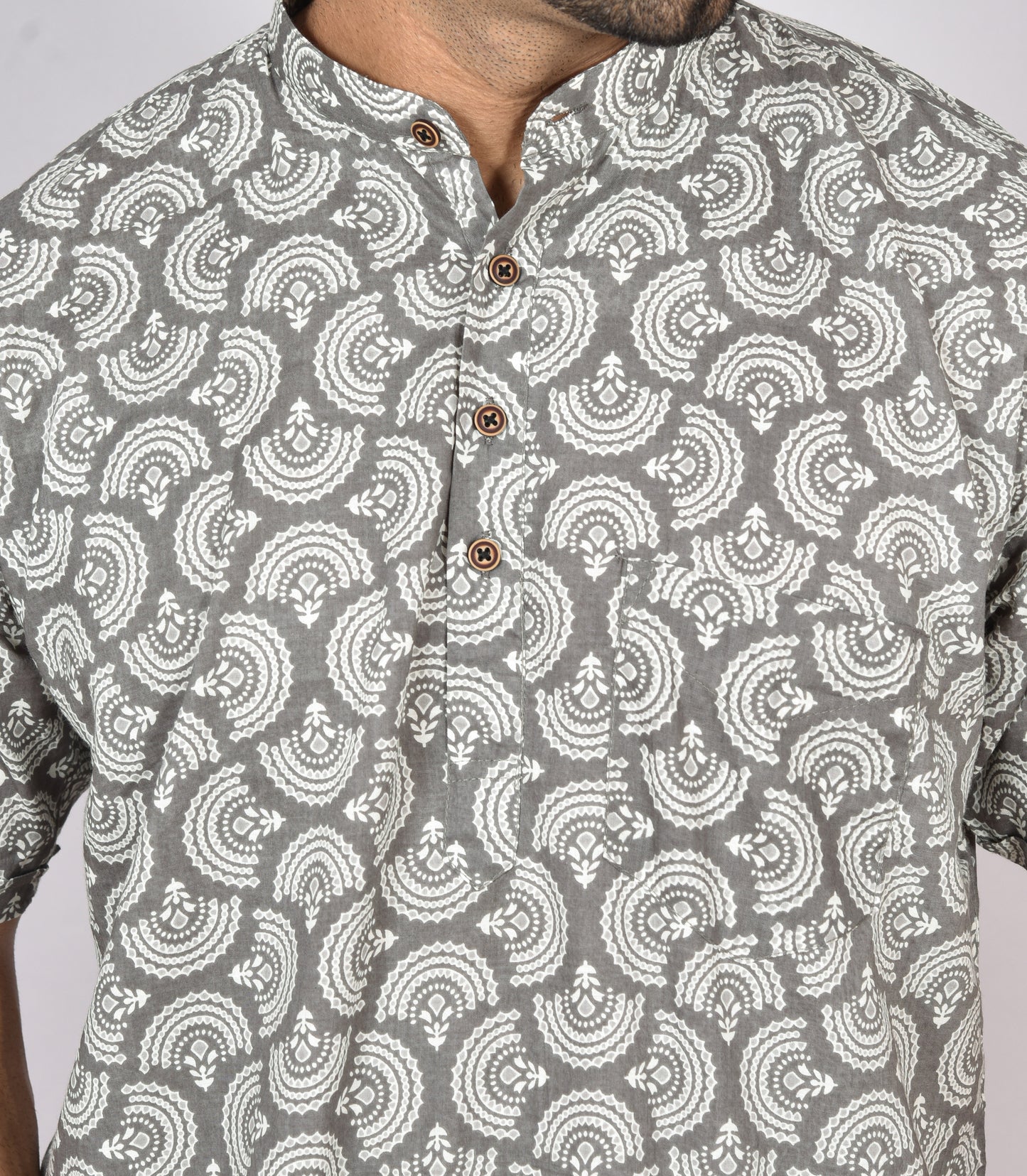 Grey Fan Butti Short Sleeves Kurta