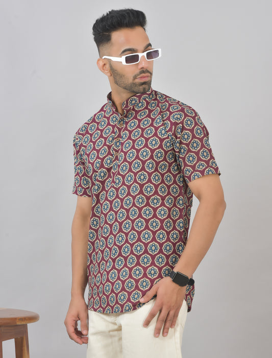 Burgundy Mandela Short Sleeves Kurta