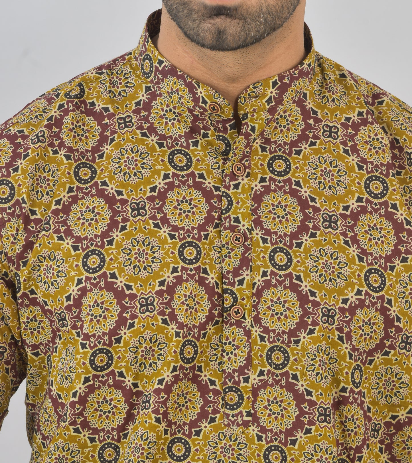 Yellow/Burgundy Mandela Short Sleeves Kurta