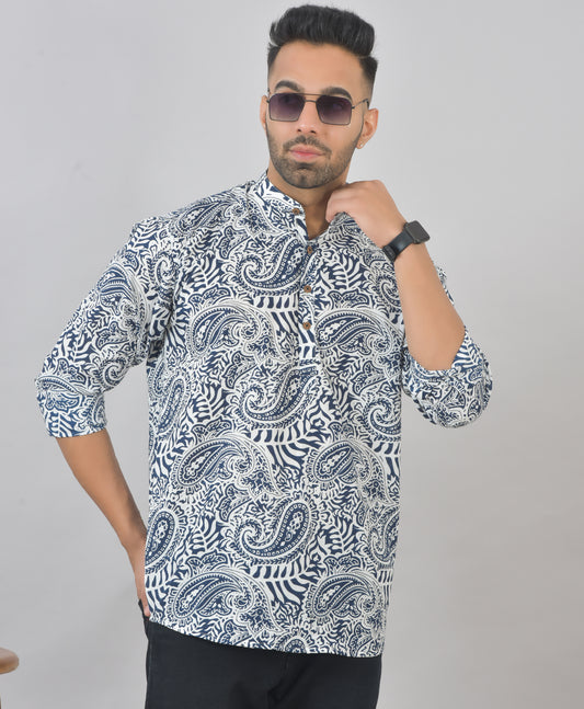 White & Blue Maori Long Sleeves Kurta