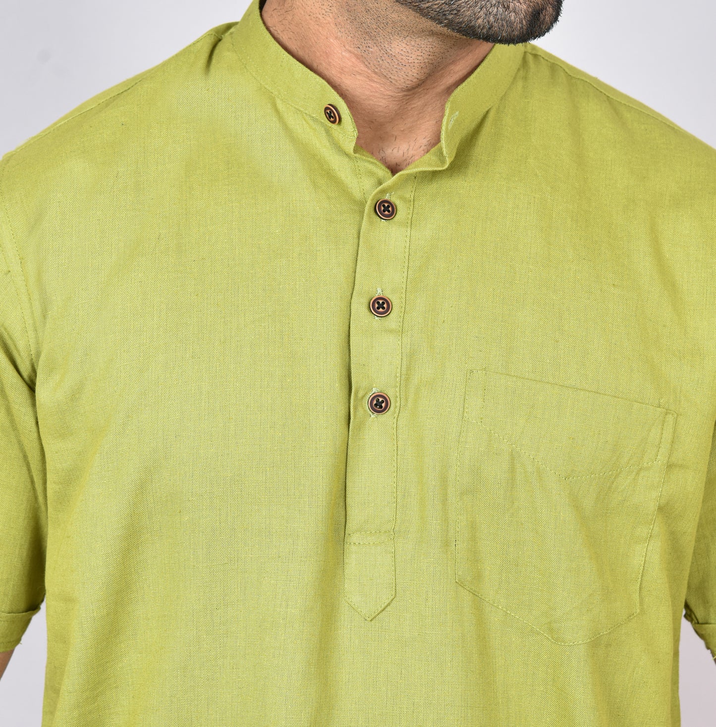 Olive Green Plain Short Sleeves Kurta