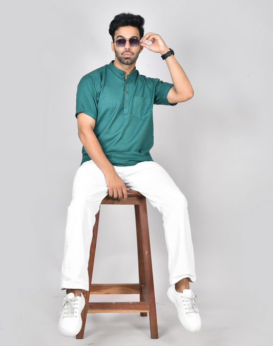 Green Plain Short Sleeves Kurta