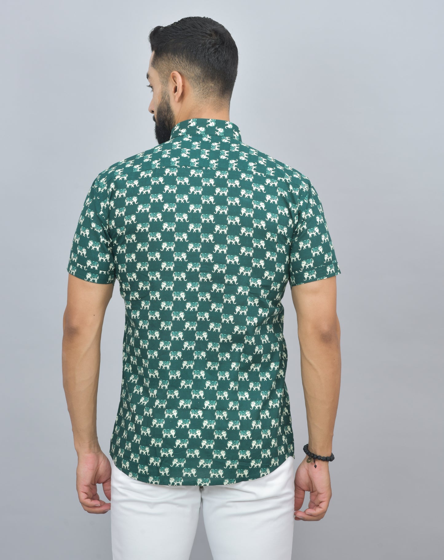 Green Elephant Printed Cotton Half Shirt