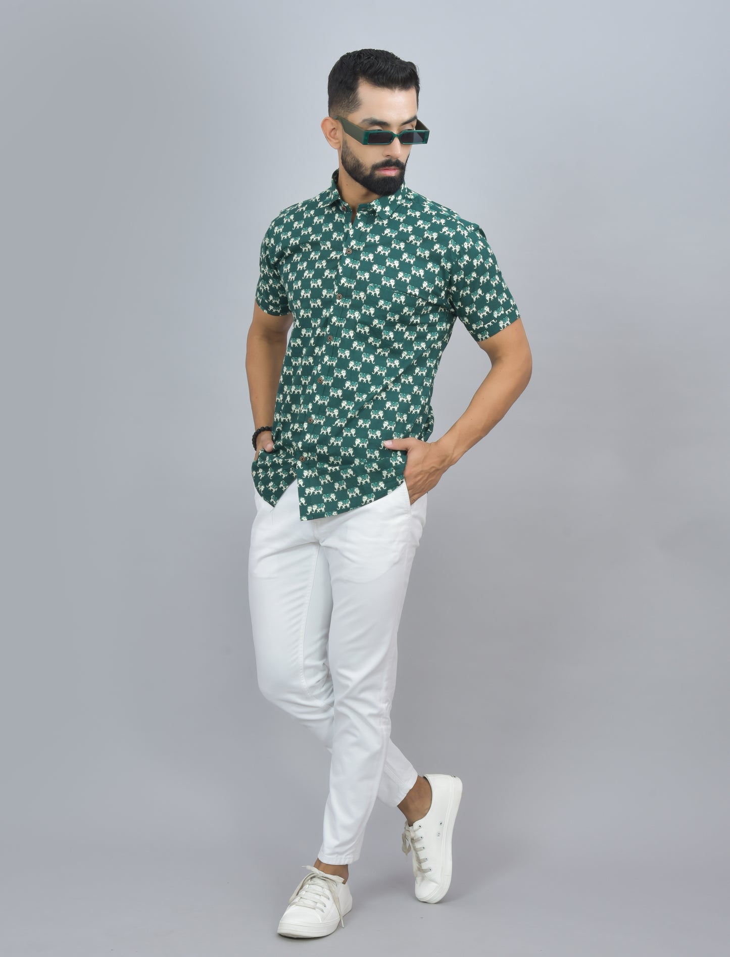 Green Elephant Printed Cotton Half Shirt