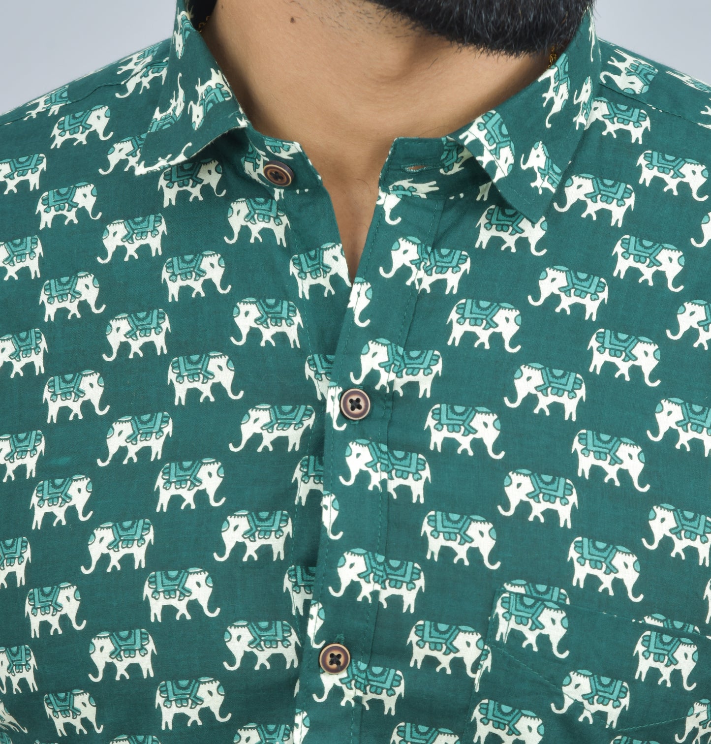 Green Elephant Printed Cotton Half Shirt