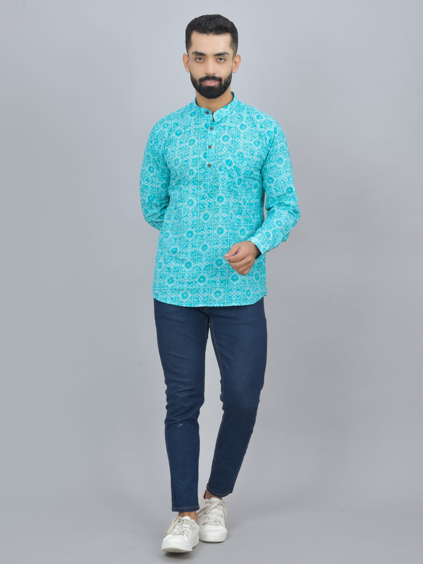 Turquoise Bandhini Printed Cotton Short Kurta