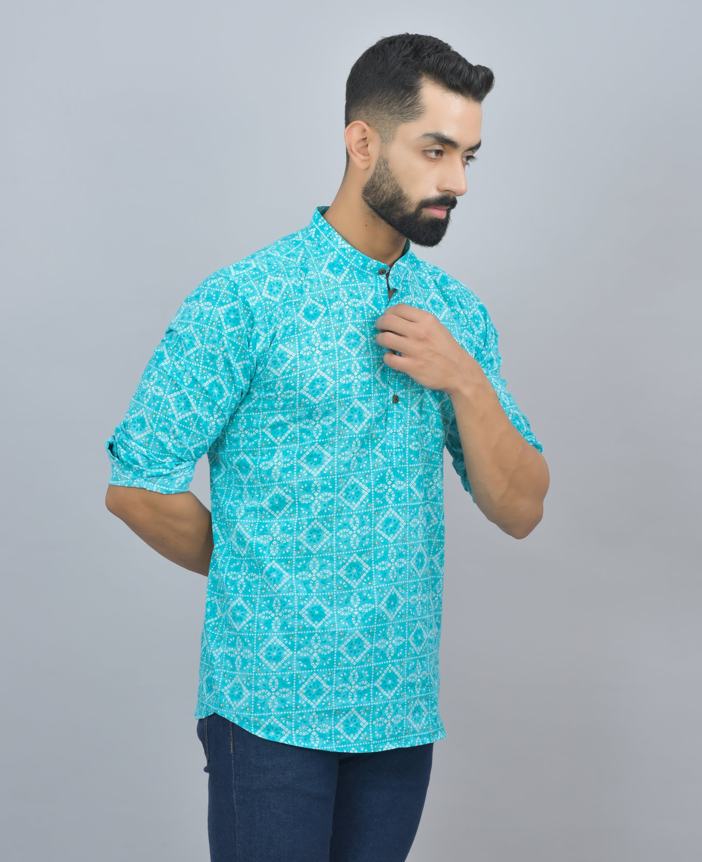 Turquoise Bandhini Printed Cotton Short Kurta