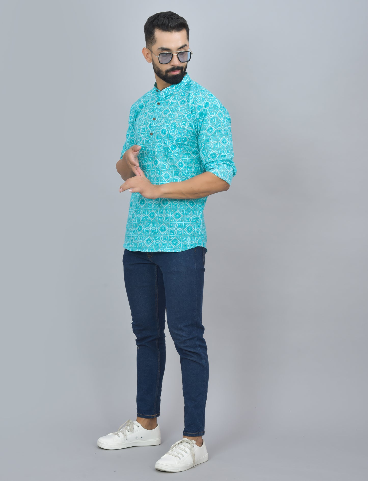 Turquoise Bandhini Printed Cotton Short Kurta