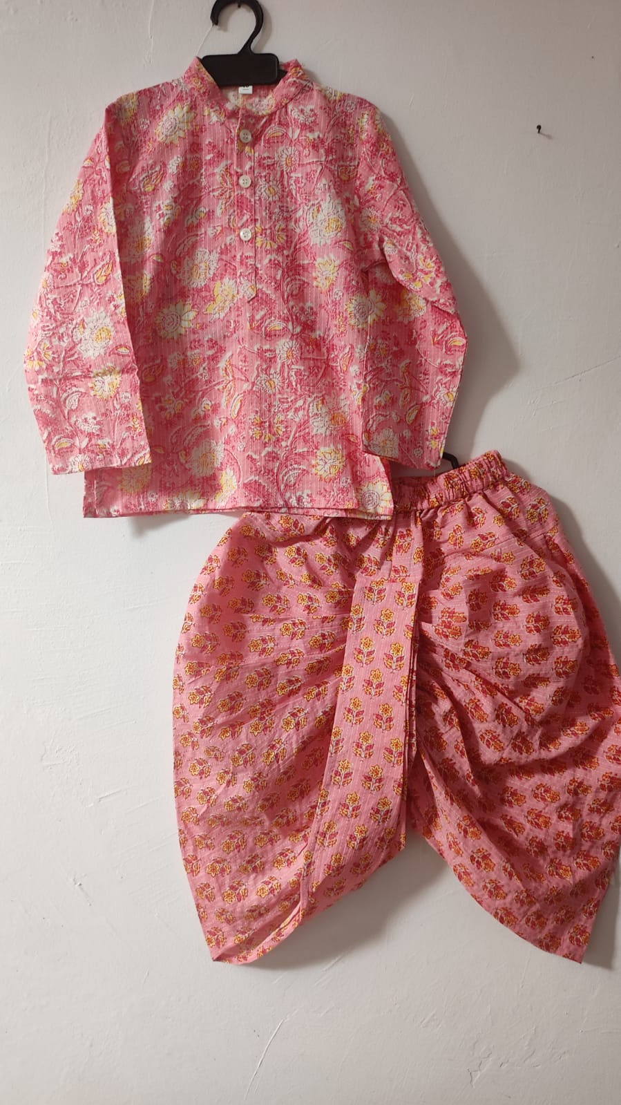 Floral Printed Pink Mandarin Collar Pink Kurta with Floral Printed Pink Dhoti