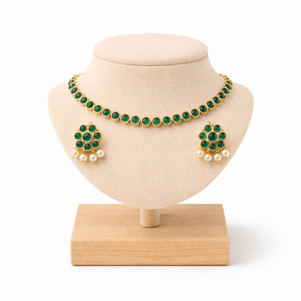 Emerald Stone Choker Set with Pearl Drop Earrings