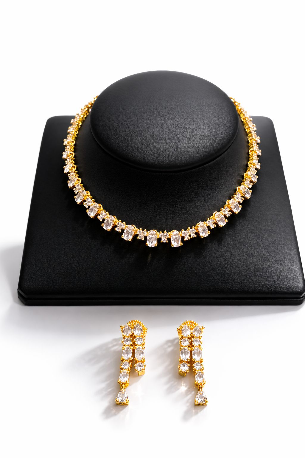 Gold Oval Crystal Necklace & Drop Earrings Set