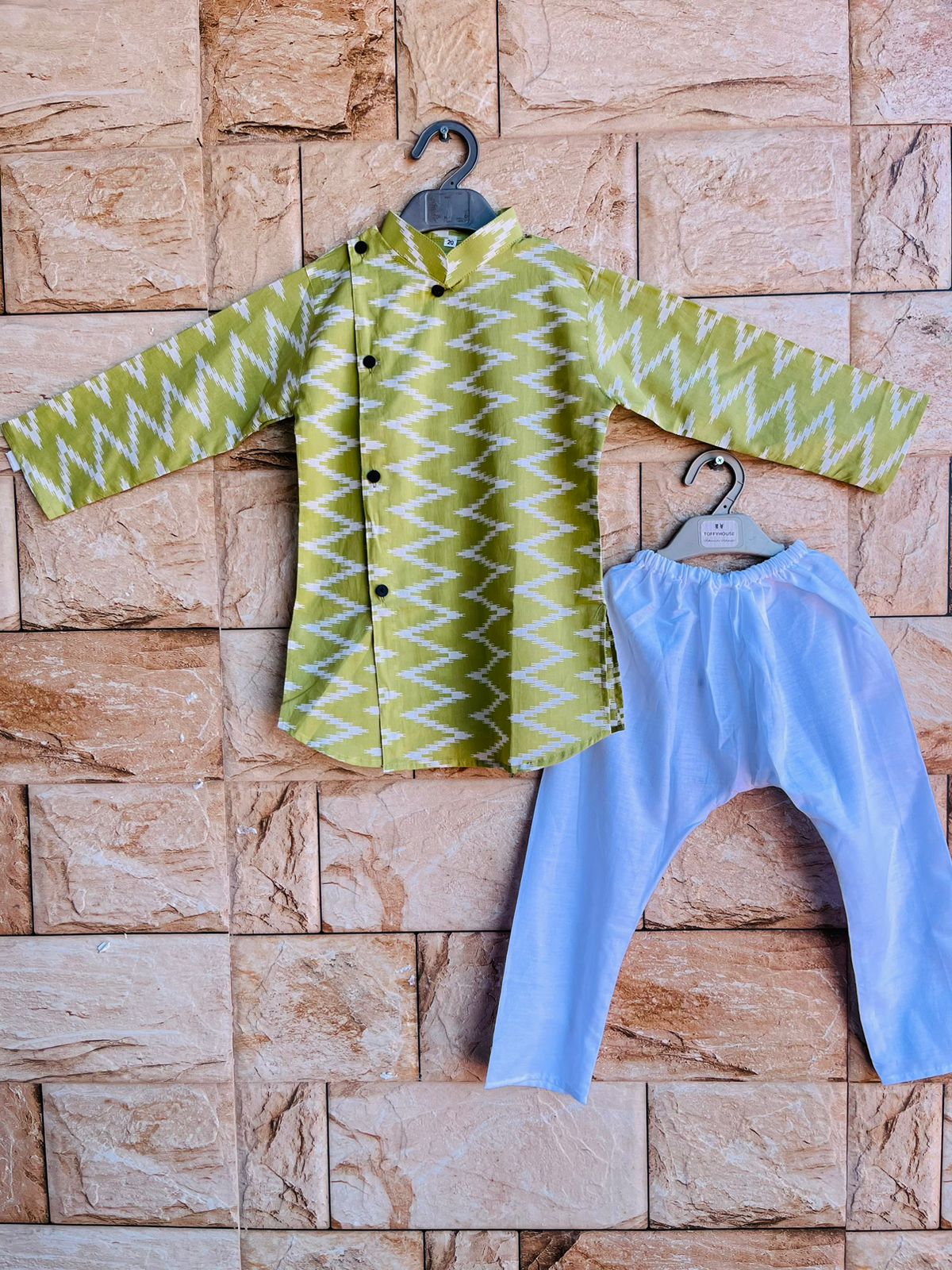 Printed Zig Zag Cotton Kurta and White Pyjama