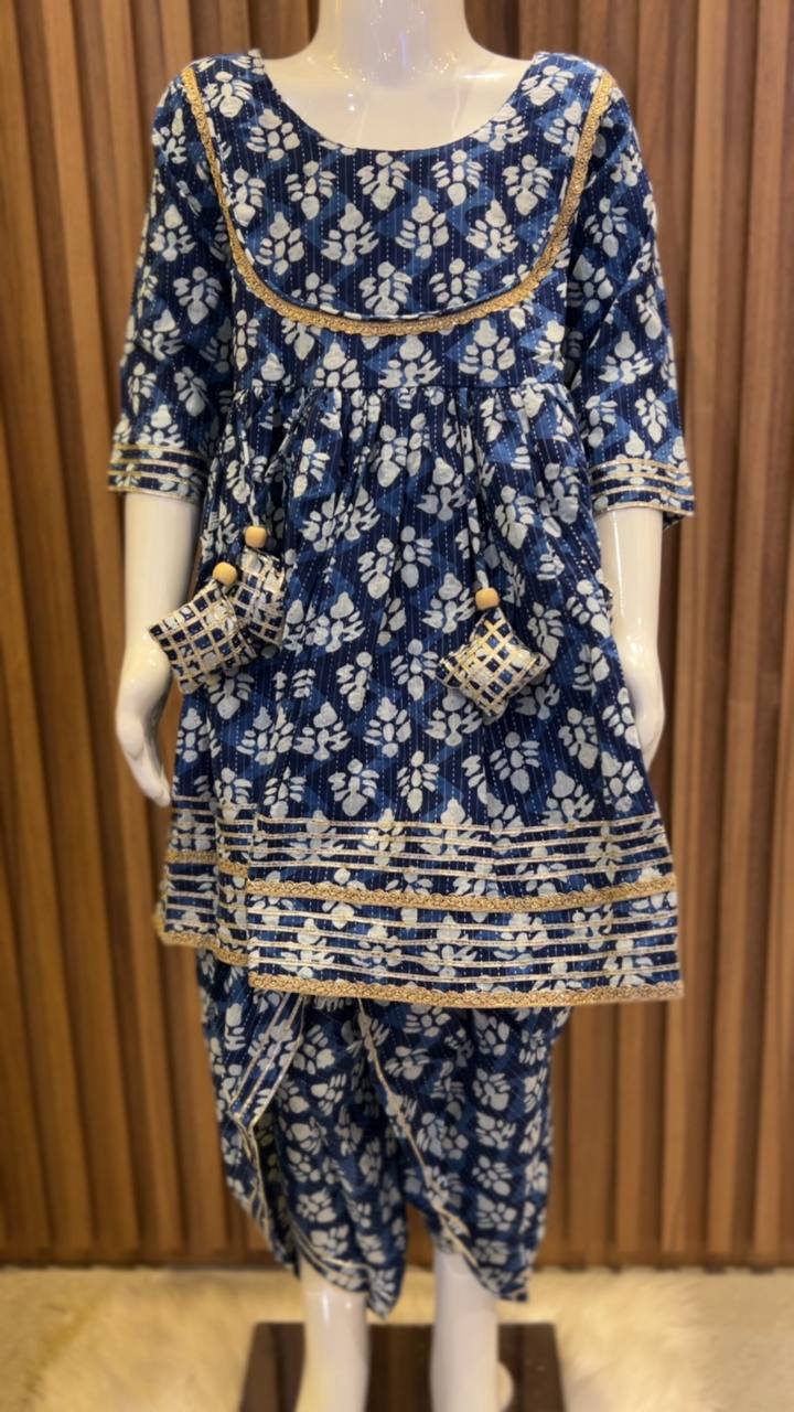 Blue White Motif Kurti with Gota Lace and Tulip Pant