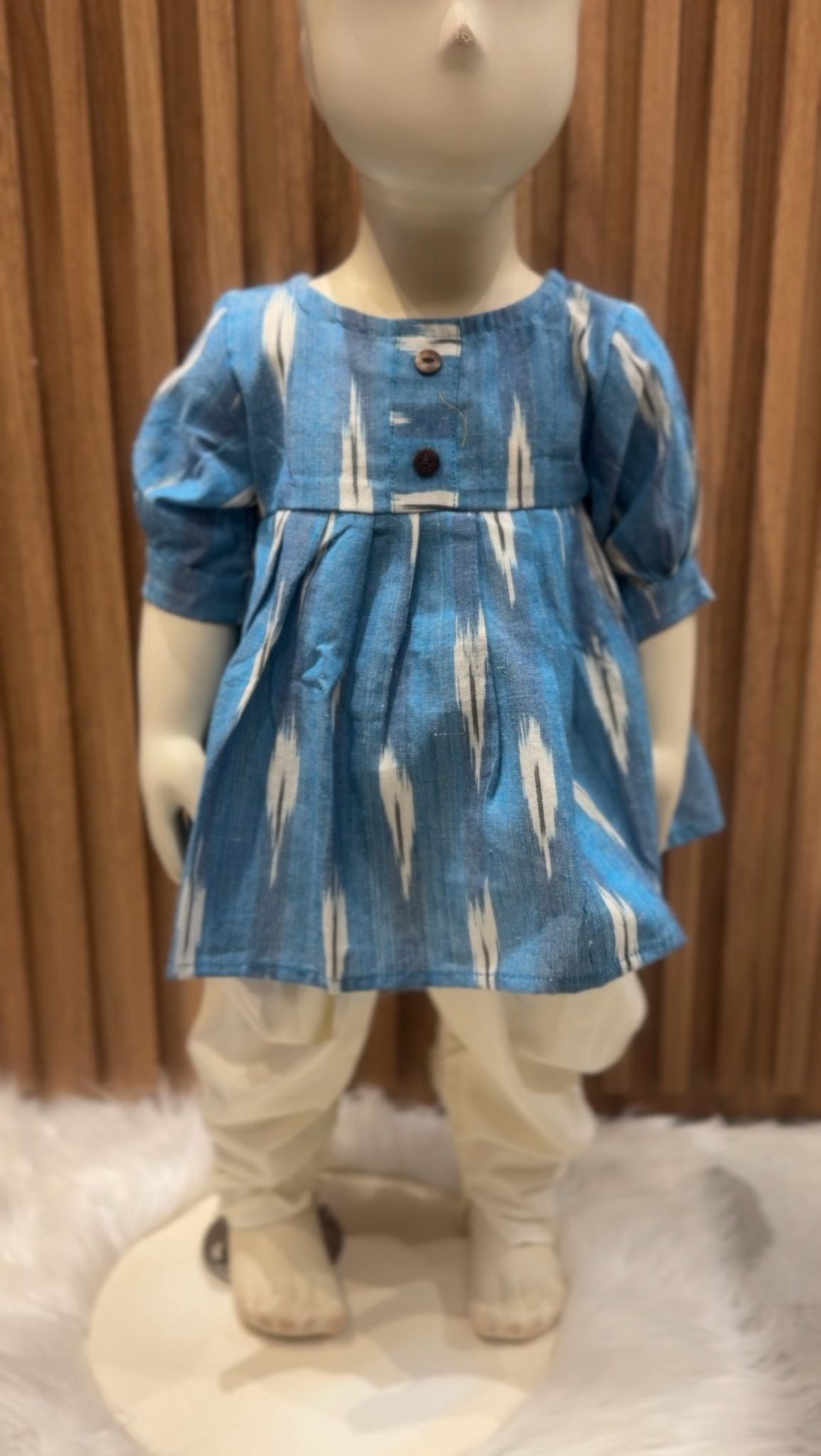 Sky Blue Ikat Kurti with Cream Dhoti