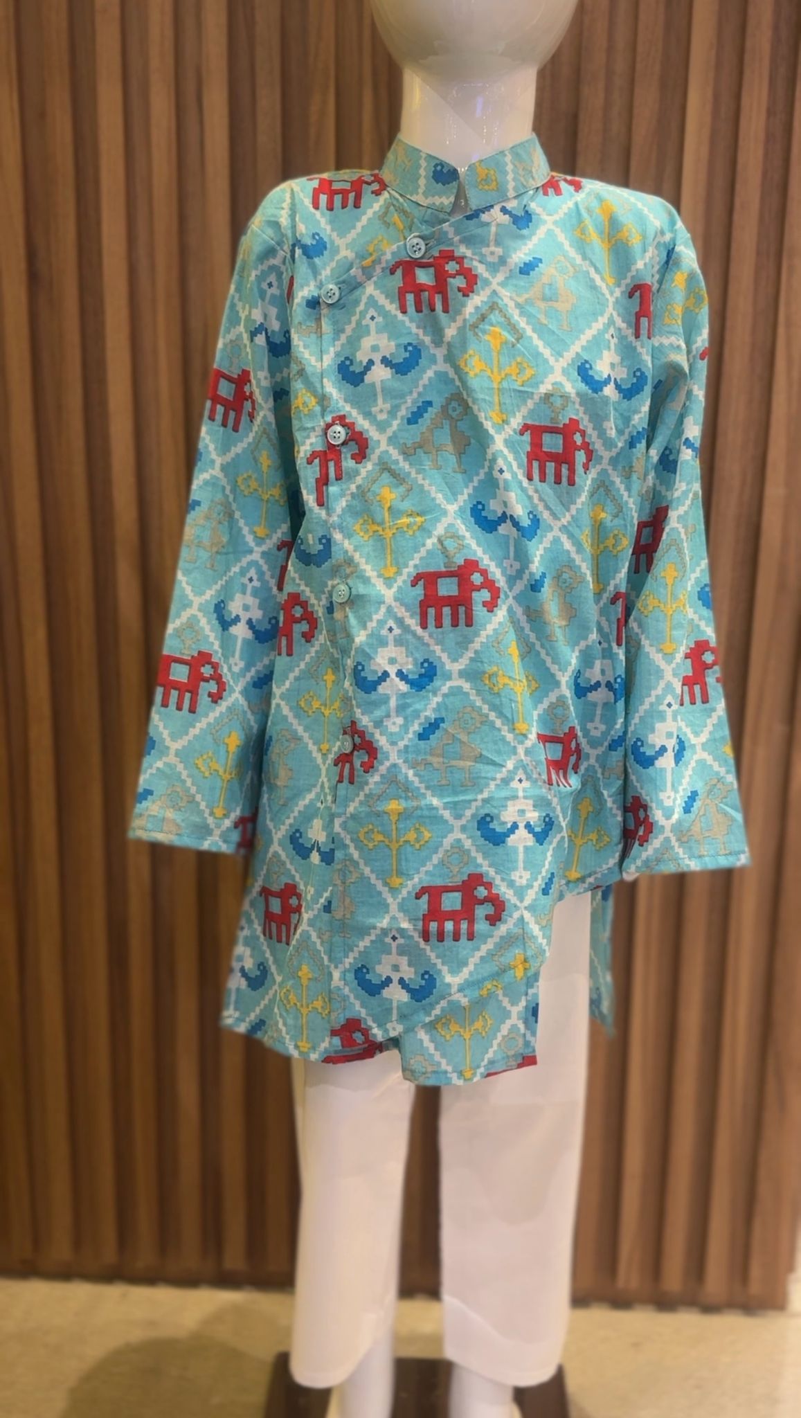 Diagonal Front Buttons Blue Patola Printed Kurta Set