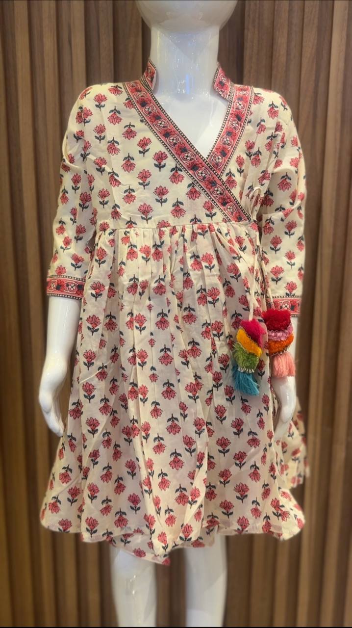 Cream & Pink Angrakha with Tassels