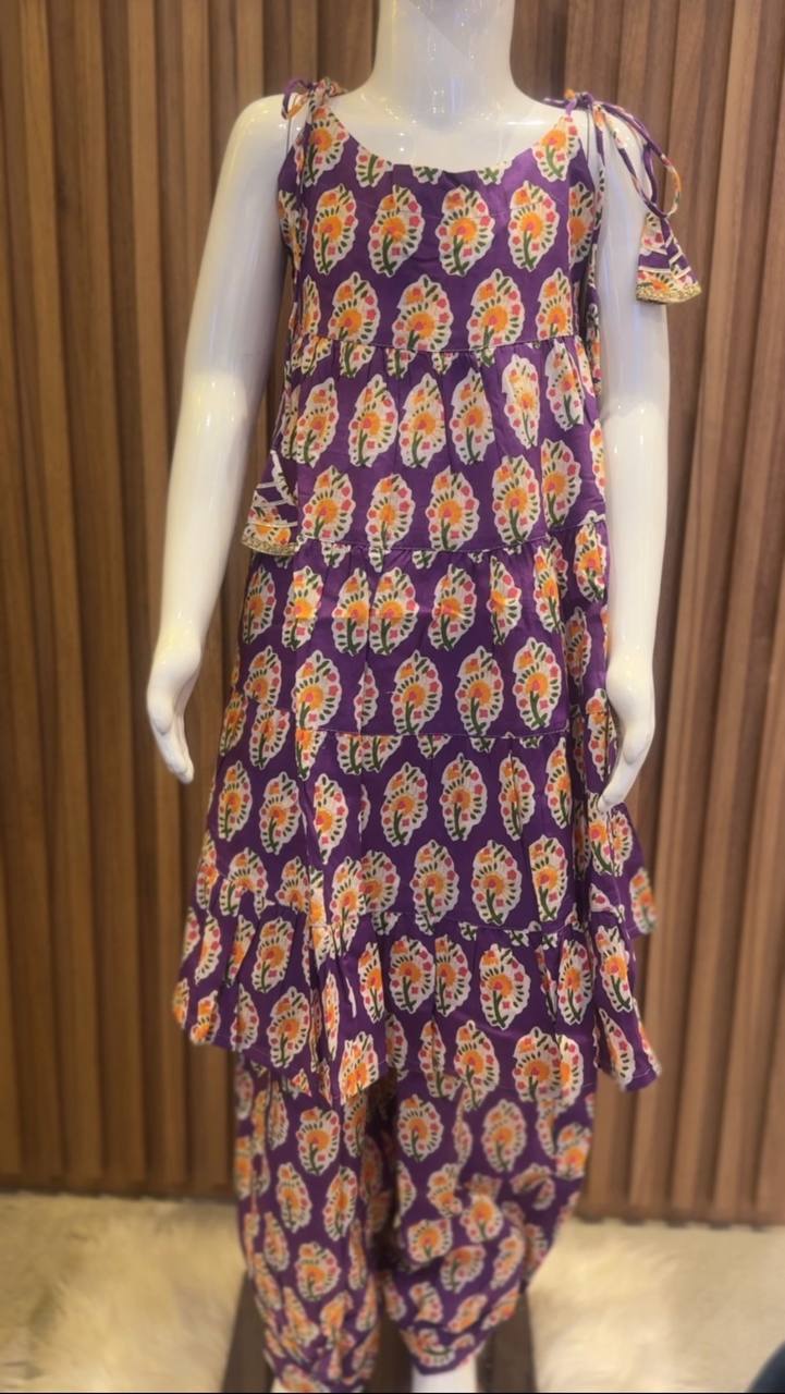 Purple Flower Print Tiered Kurti with Afghan Pant