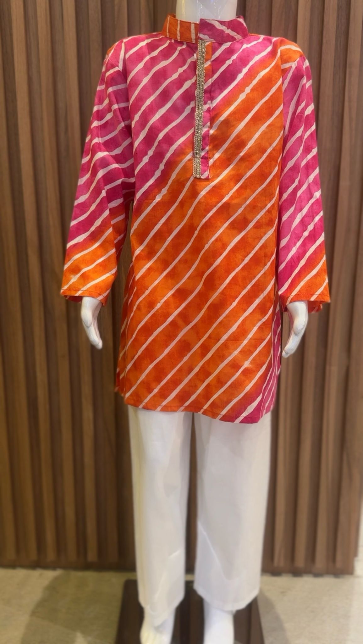 Pink and Orange Leheriya Printed Kurta with Pyjama