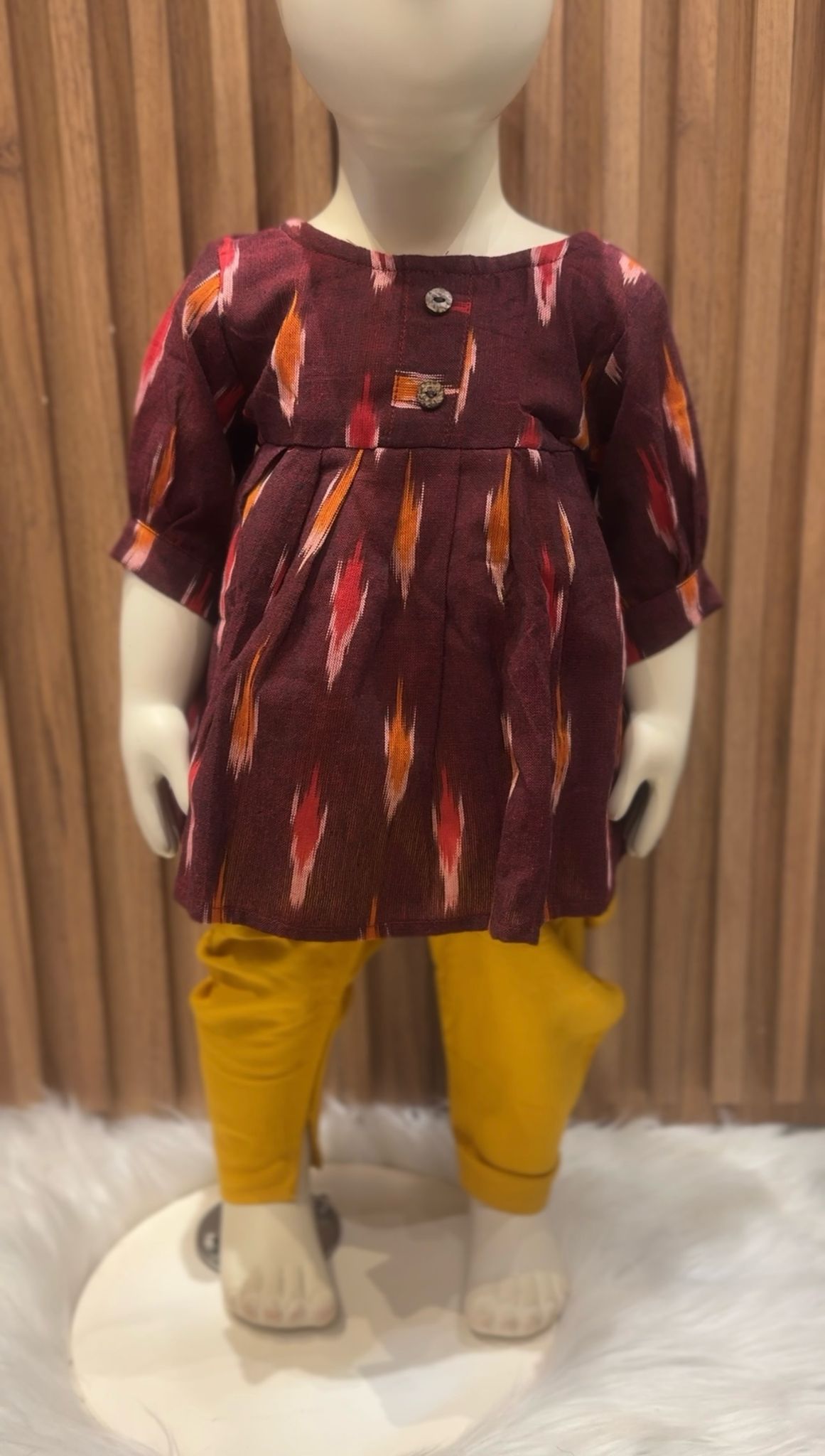 Burgundy Fire Ikat Kurti with Yellow Dhoti