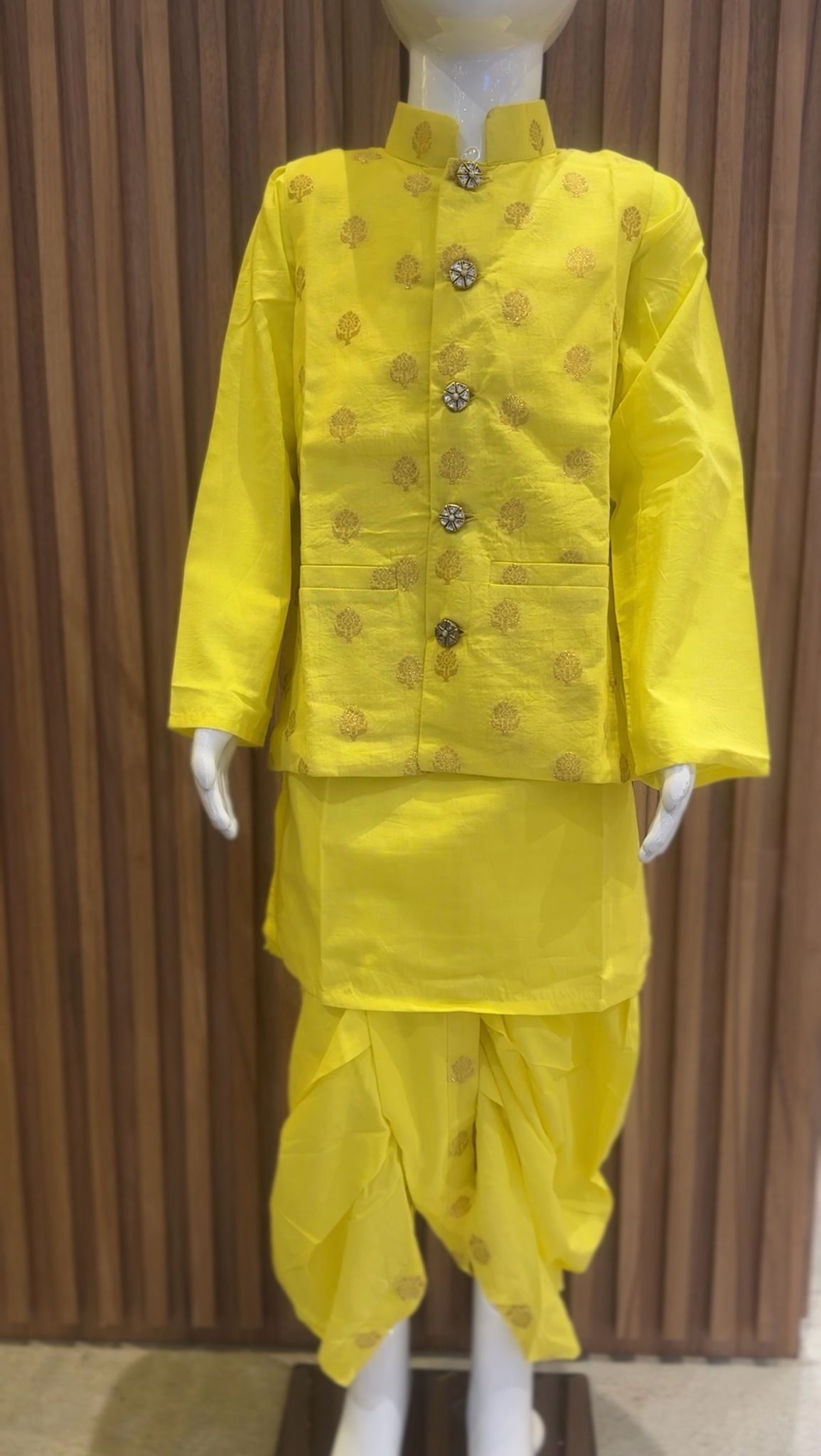 Yellow Floral Embroidery Nehru Jacket with Kurta and Dhoti Set