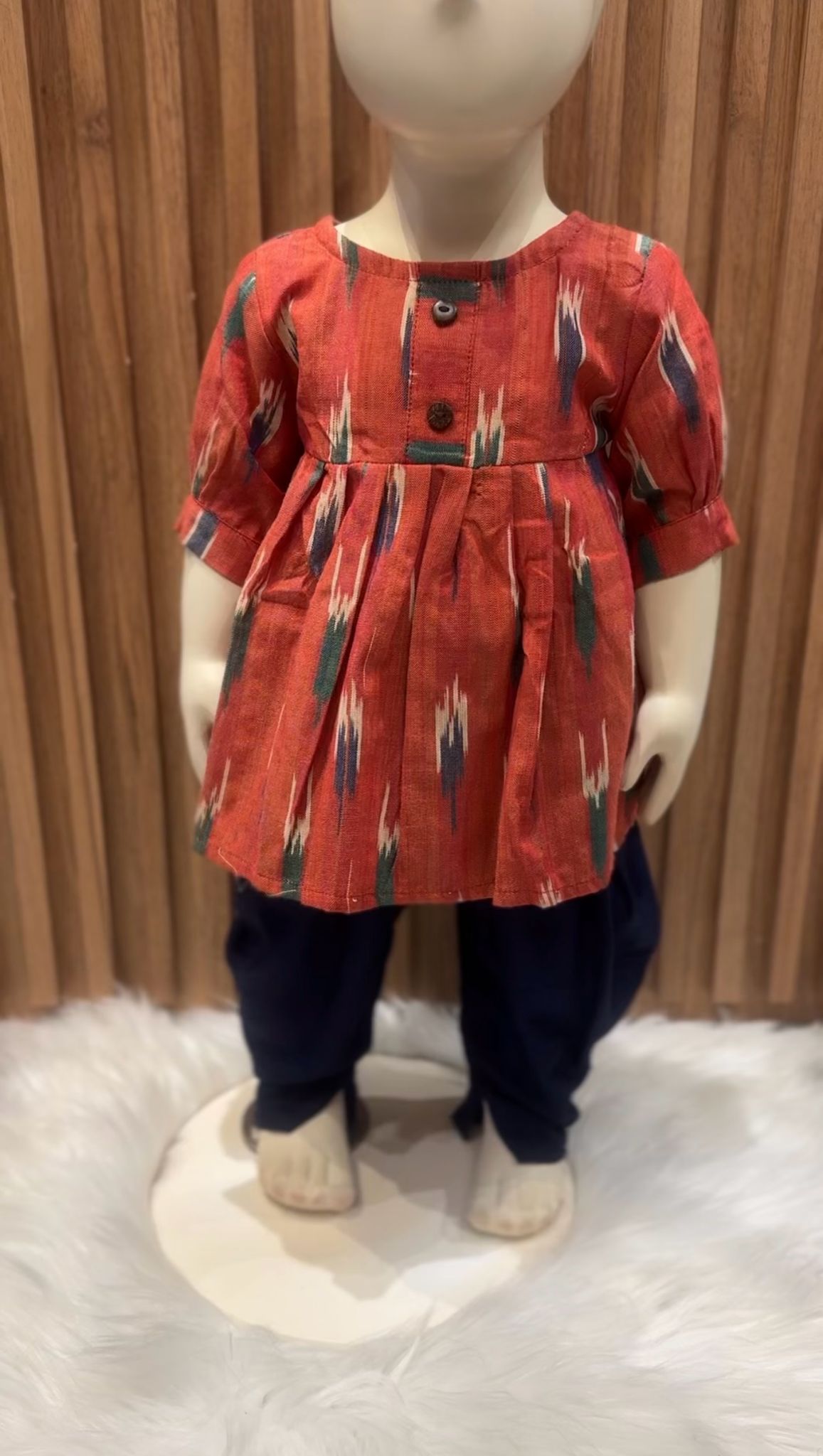 Orange Ikat Kurti with Navy Blue Dhoti