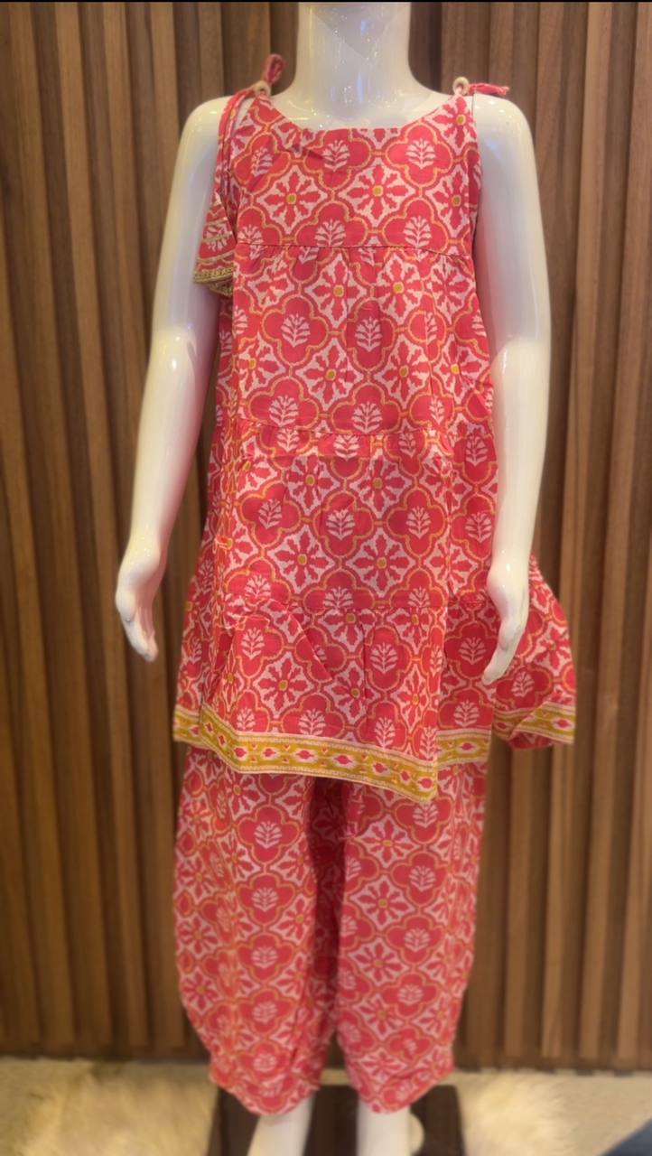 Bright Pink Motif Tiered Kurti with Afghan Pant
