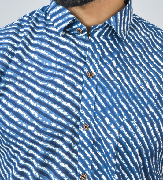 Navy Blue Stripe Cotton Printed Half Shirt