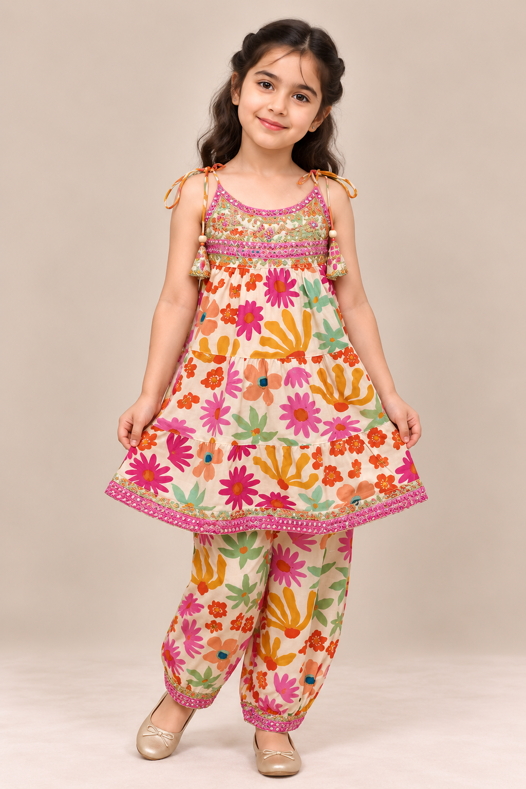White Daisy Tiered Spaghetti Top with Afghan Pants