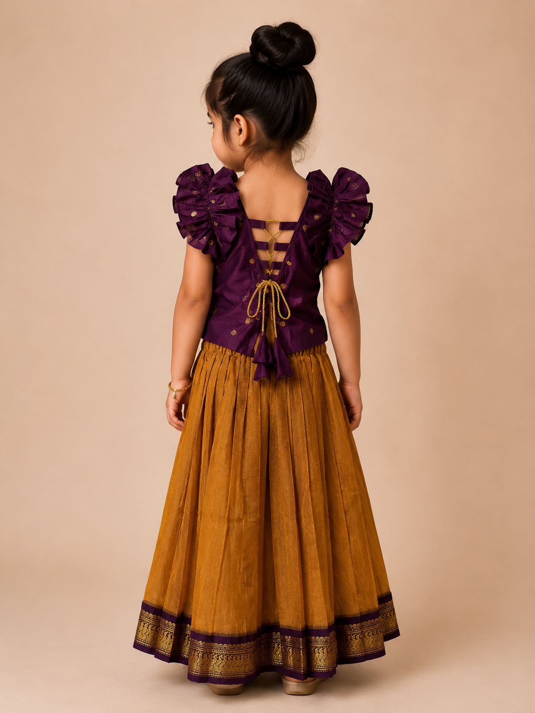 Mustard Kalyani Cotton Skirt and Purple Soft Cotton Silk Top with Ruffle Sleeves
