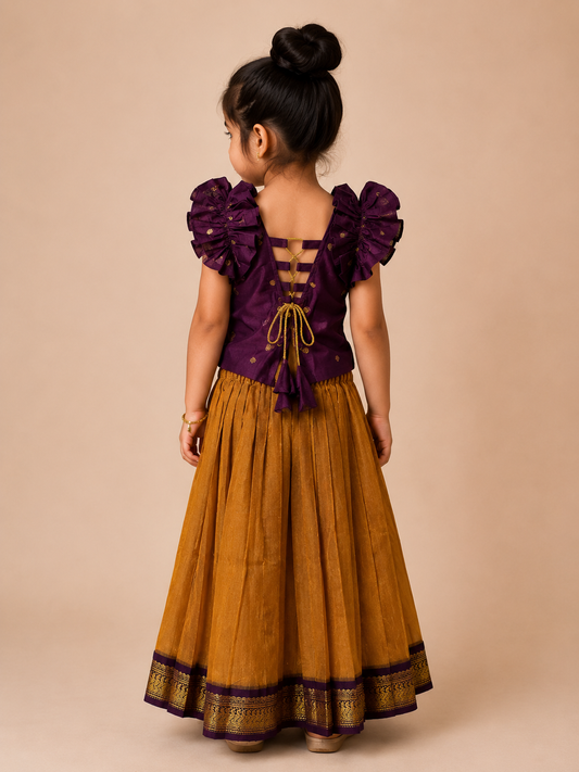 Mustard Kalyani Cotton Skirt and Purple Soft Cotton Silk Top with Ruffle Sleeves