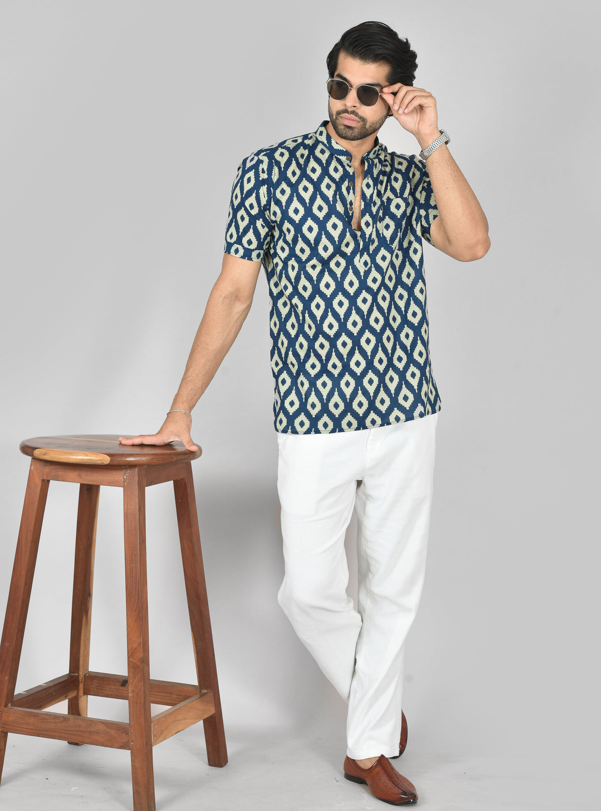 Navy Ikat Short Sleeves Kurta
