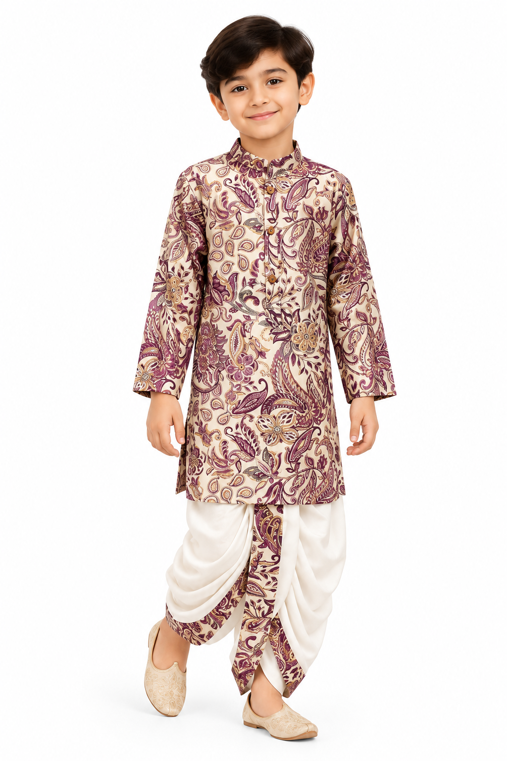 Ivory Purple Paisley Kurta Dhoti Set