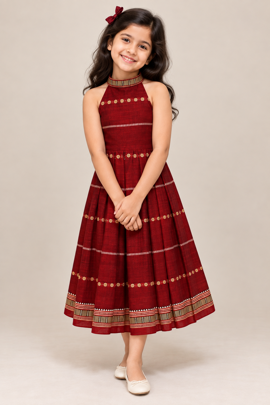Maroon Temple Boarder High Neck Halter Dress