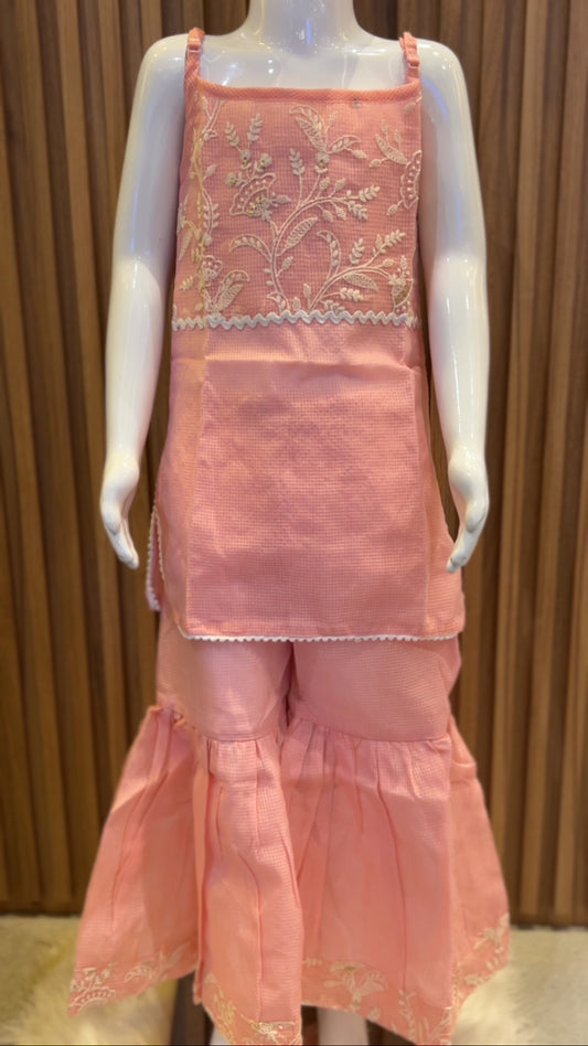 Blush Pink Embroidered Floral Kurti with Sharara Pant