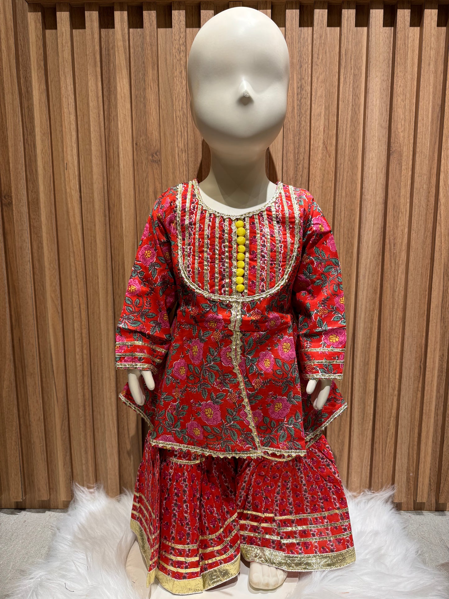 Red Cotton Floral Kurti Sharara Set