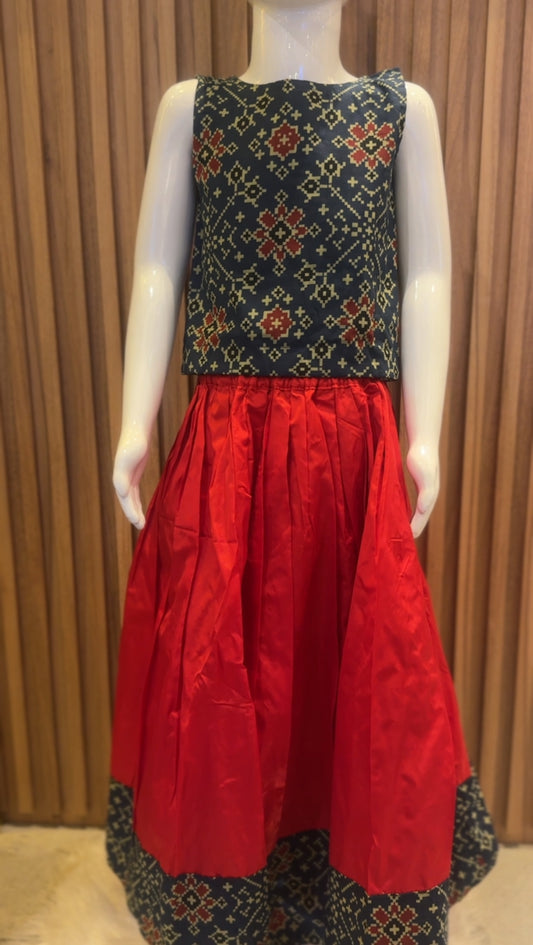 Navy Red Patola Top with Skirt