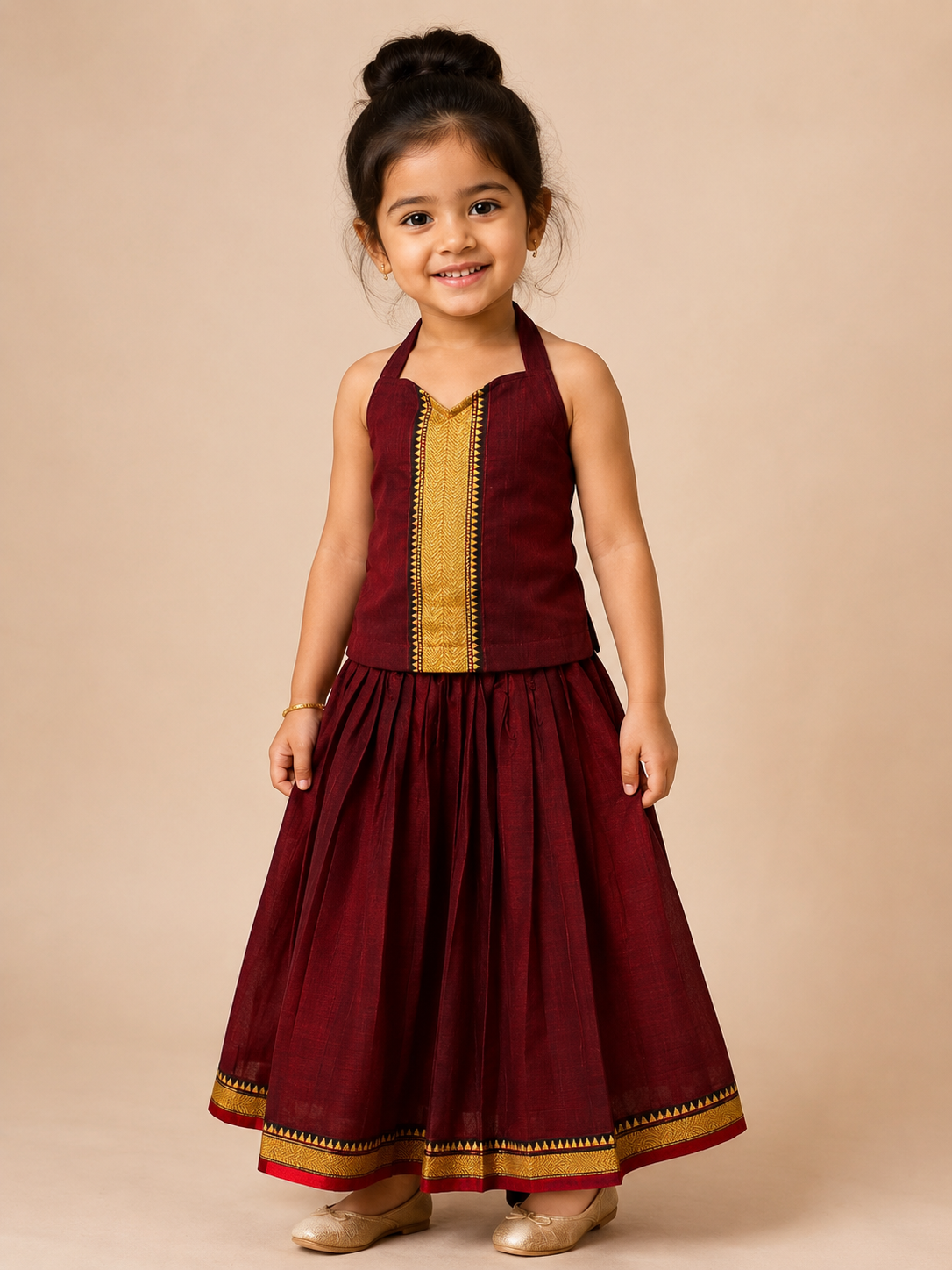 Maroon Narayanpet Skirt & Top
