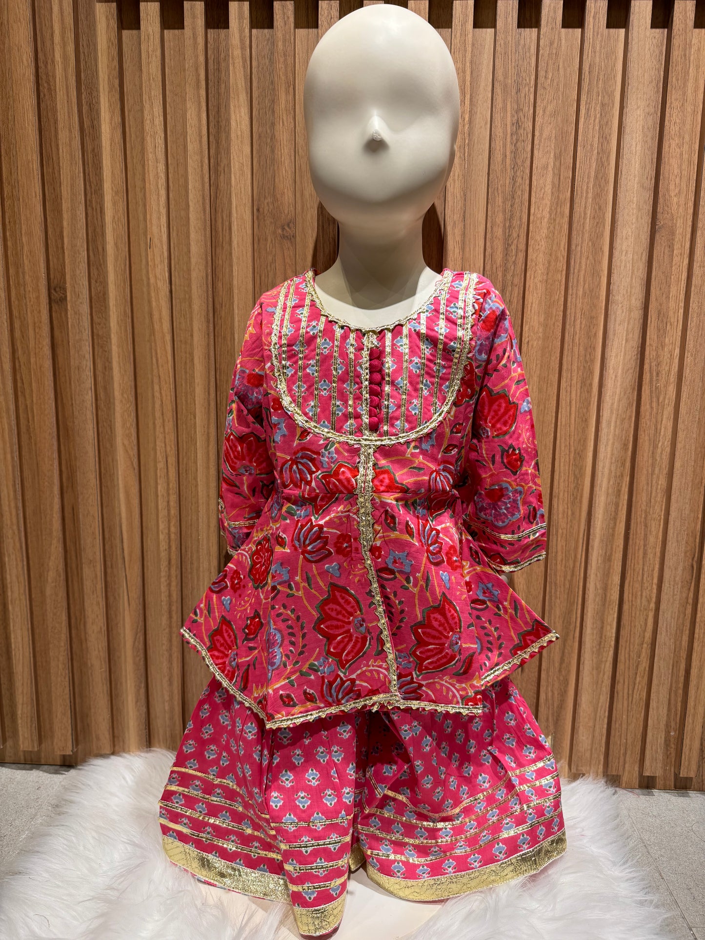 Pink Cotton Floral Kurti Sharara Set