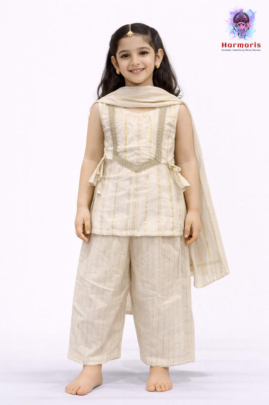 White & Gold Stripe Kurti Set