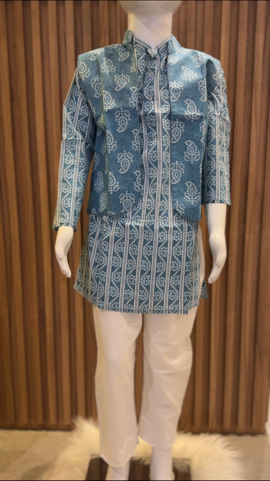 Blue Paisley Kurta Vest Set with Pyjama Pant