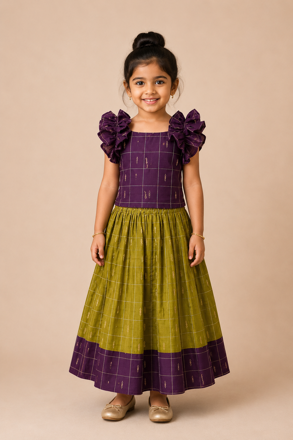 Green Slub Check Cotton Skirt and Purple Ruffle Sleeves Top