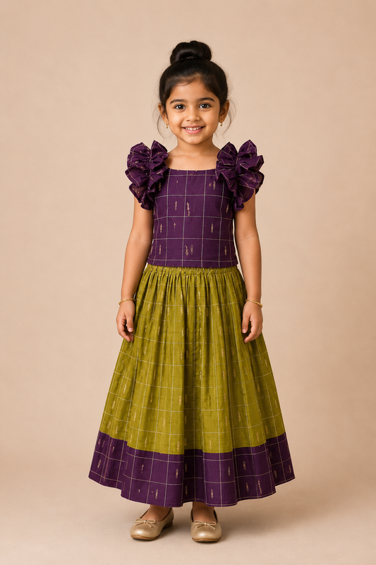 Green Slub Check Cotton Skirt and Purple Ruffle Sleeves Top