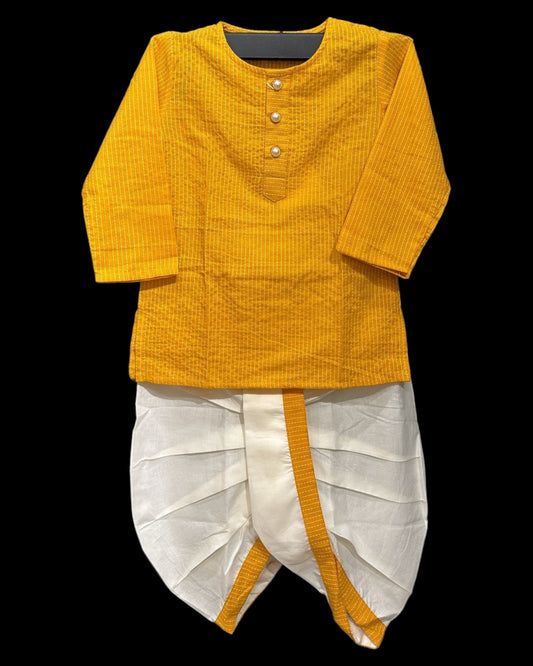 Thread Work Kurta with Pearl buttons & Dhoti - Mustard Yellow