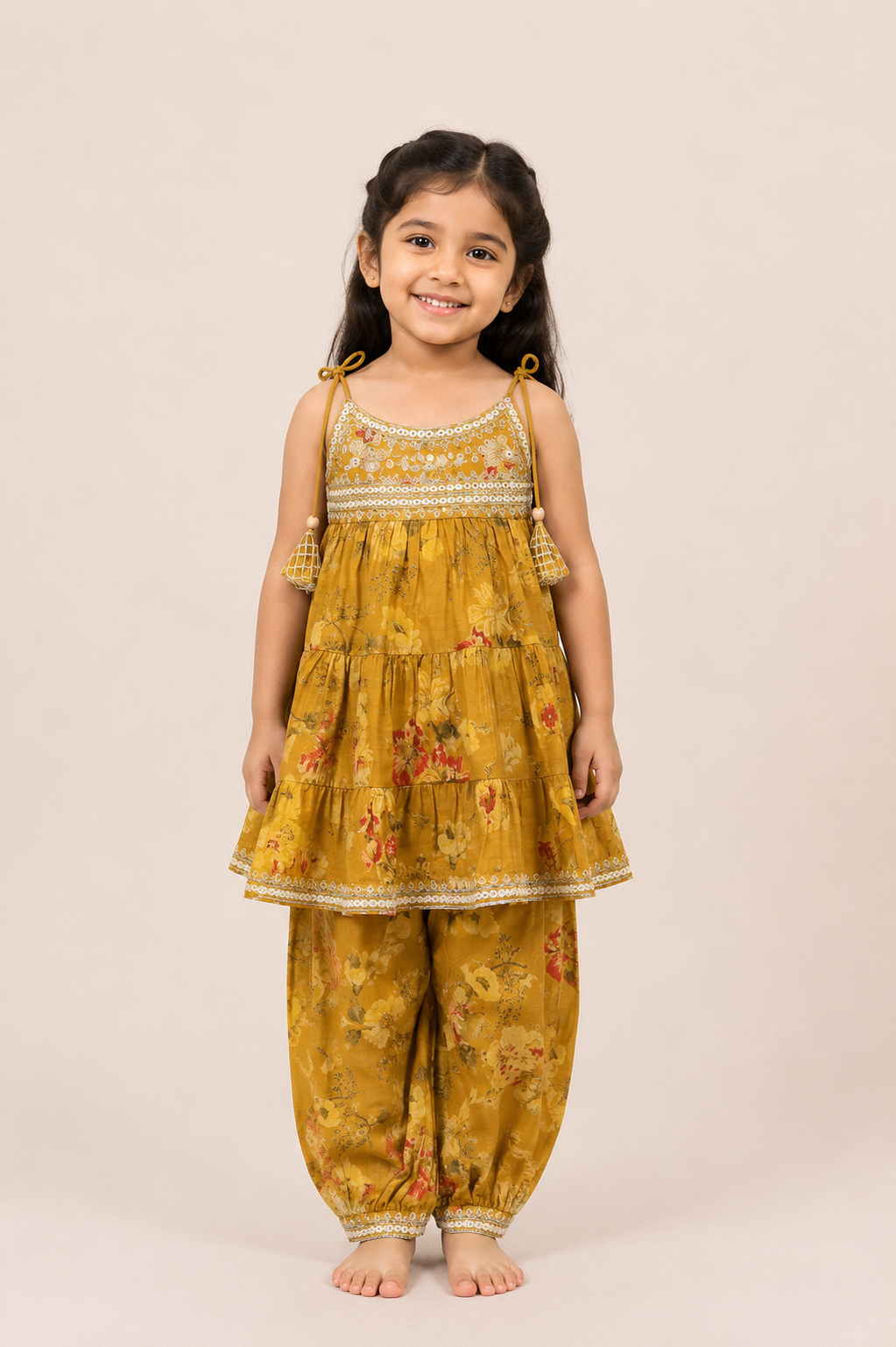 Mustard Floral Tiered Spaghetti Top with Afghan Pants