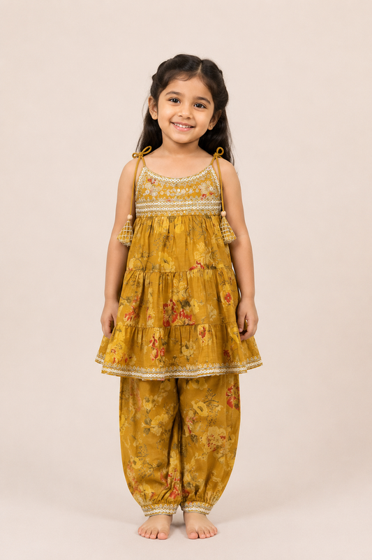 Mustard Floral Tiered Spaghetti Top with Afghan Pants