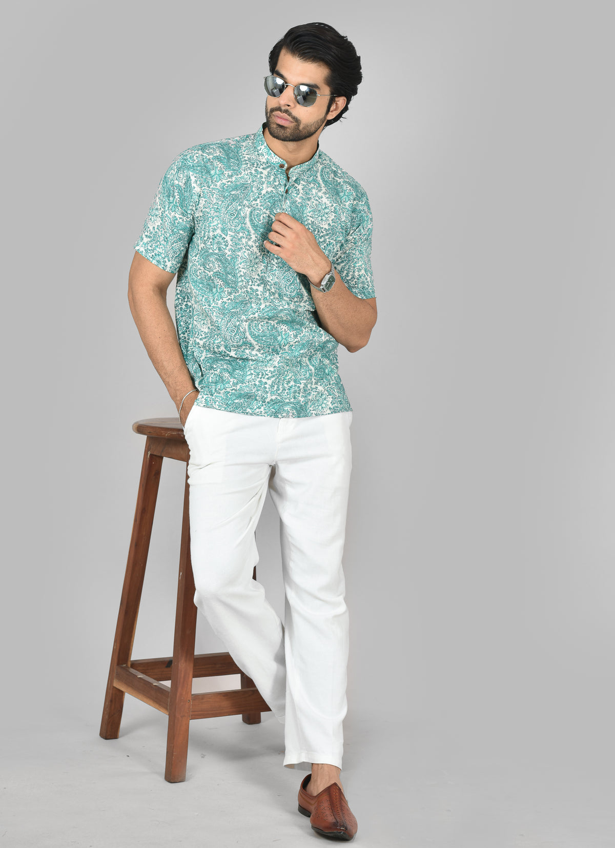 Teal Botanical Short Sleeves Kurta