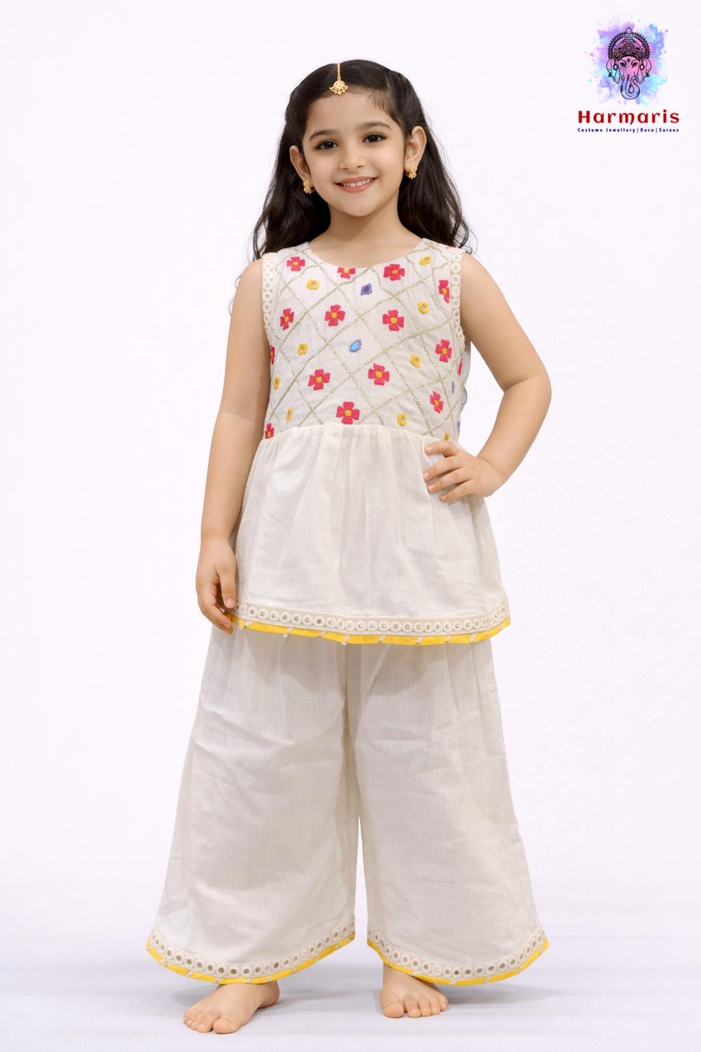 White Cotton Mirror Kurti Set with Yellow Border