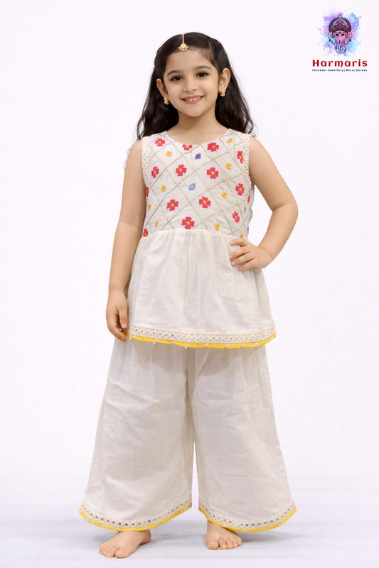 White Cotton Mirror Kurti Set with Yellow Border